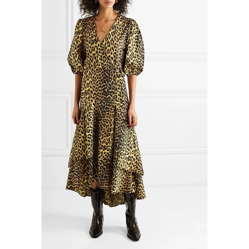 GANNI Bijou Leopard Cotton Wrap Dress Minion Yellow Puff Sleeve Maxi EU 34 US 2